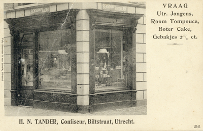 148 Gezicht op de winkelpui van confiseur (banketbakkerij) H.N. Tander (Biltstraat 29 te Utrecht.
